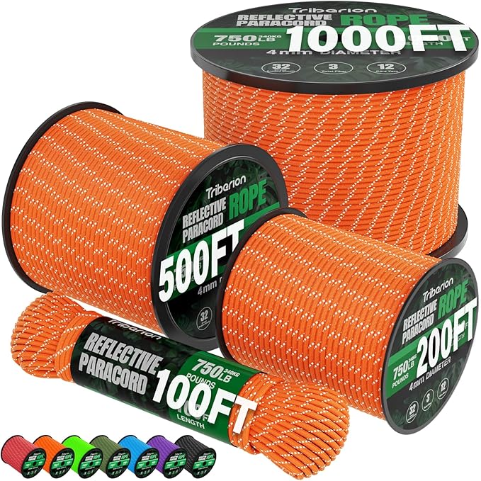 Reflective Paracord Rope 750 lb - 1000ft 5/32" Parachute Cord 4MM 12-Strand para Cord - Heavy Duty Spool String for Survival,Camping Gear, Survival Bracelet, Clothesline - Orange