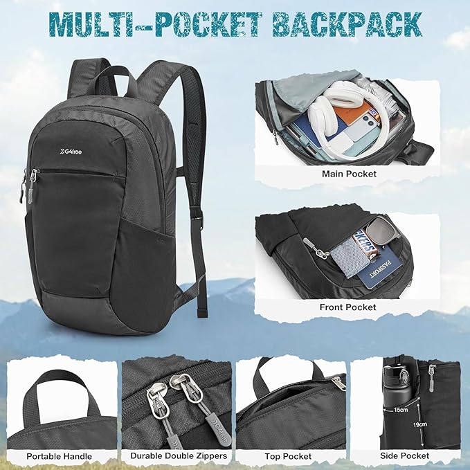 G4Free Small Hiking Backpack 20L Lightweight Foldable Packable Travel Daypack with Thickened Back Panel for Men Women (Black)
