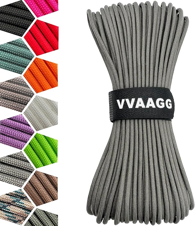VVAAGG 1000 Paracord Rope, 50ft 12 Strand Parachute Cord for Crafting, DIY Projects, Survival Bracelets, Camping, Tent, Clothsline, Outdoor Hiking, Fishing (Gray, 50FT)