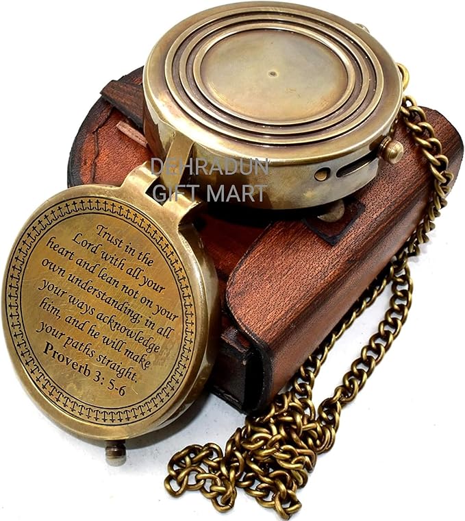 Handmade Vintage Brass Engraved Compass with Chain & Leather Case, Antique Pocket Navigation Compass, Collectible Keepsake Gift for Men Women, Boyfriend, Hiking Camping Maritime Decor