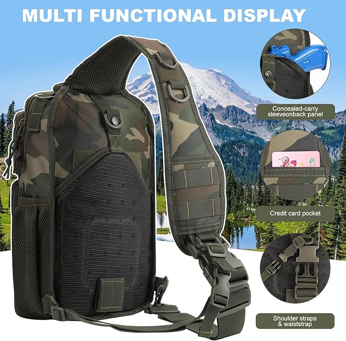 Rover Sling Pack Tactical Shoulder Sling Bag Backpack with Bottle Holder Crossbody Chest Bag, Woodland