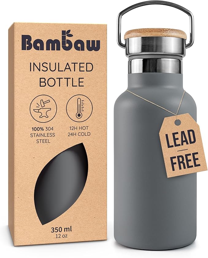 Bambaw 12 oz Stainless Steel Water Bottle, Insulated Water Bottle with Handle, Made of High-Grade Stainless Steel, Reusable & Rust-Resistant, For Hot & Cold Drinks (Stormy Gray)