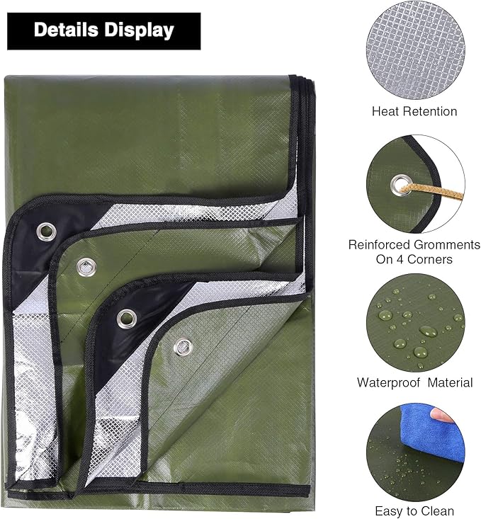 RedSwing Insulated Tarp, Multipurpose Emergency Thermal Tarps, Waterproof All Weather Heavy Duty Heat Reflective Survival Blanket for Camping Hiking, Green