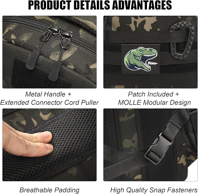 Kids Tactical Backpack Army Molle Bookbag Military Boys Backpack for School, Outdoor, Camping (Includes 2 Patches+1Carabiner), Black CM