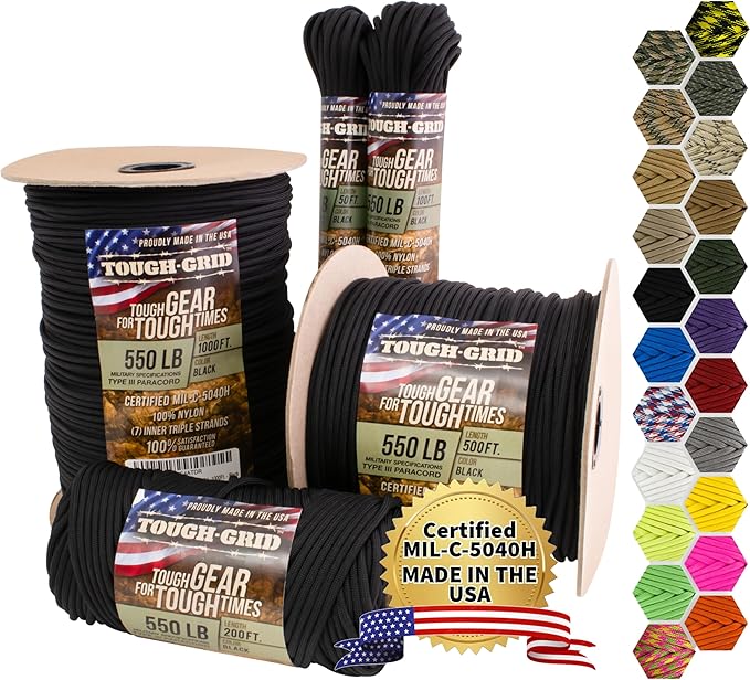 TOUGH-GRID 550 Paracord, Type III Mil-Spec Nylon Rope - 500 Ft Black Tactical Survival Cord
