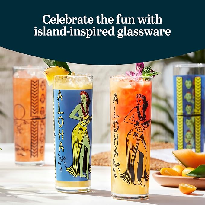 Libbey Zombie Clear Glass Tumbler Set, Vintage-Style Tiki Drinking Glasses Set of 4, Exotic, Tall Drinking Glass Cups for Backyard Luau or Pool Party