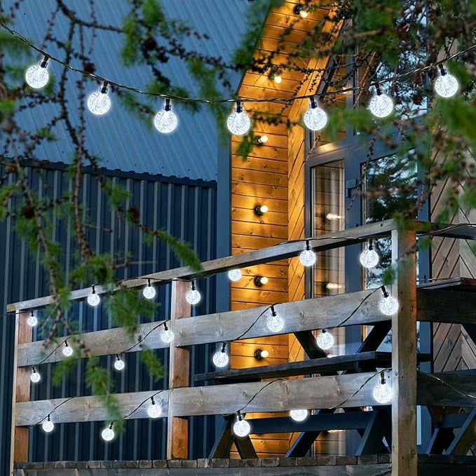 Joomer Solar Powered String Lights Waterproof, 39FT 60 LED Outdoor Solar String Lights Crystal Ball Light 8 Modes Globe Light for Garden, Gazebo, Porch, Lawn, Patio, Tree Decor (White)