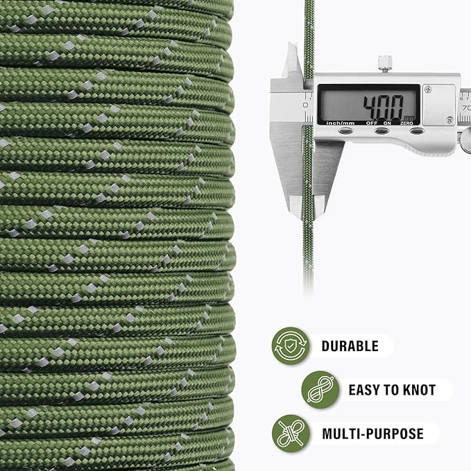 Reflective Paracord Rope 750 lb - 200ft 5/32" Parachute Cord 4MM 12-Strand para Cord - Heavy Duty Spool String for Survival,Camping Gear, Survival Bracelet, Clothesline - Army Green