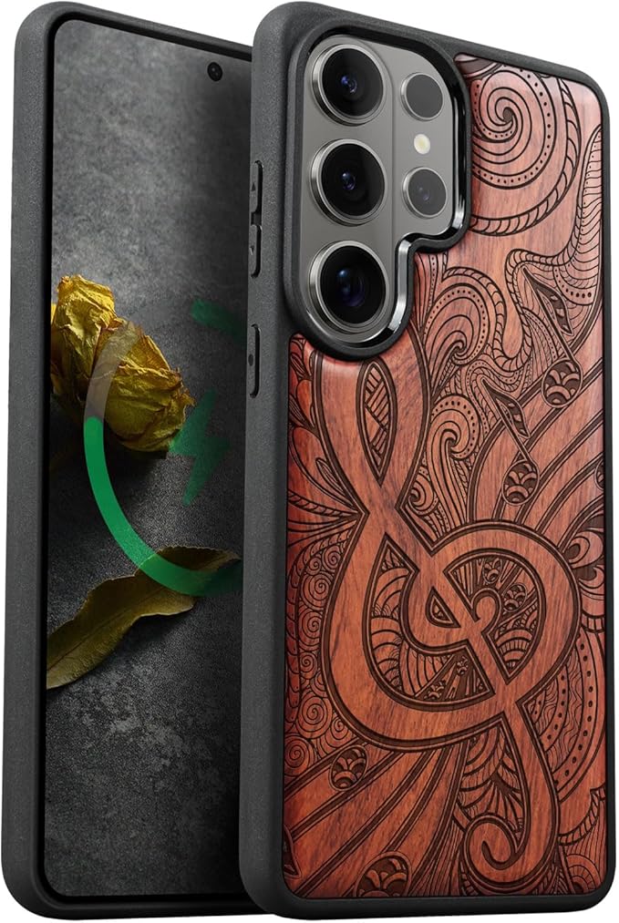 Carveit Magnetic Wooden Case for Samsung Galaxy S26 Ultra Case 2026, TPU Shockproof Cover & Wood Artisan Engraved, Compatible with MagSafe Wireless Chargers (Zen Doodle Treble Clef) Rosy