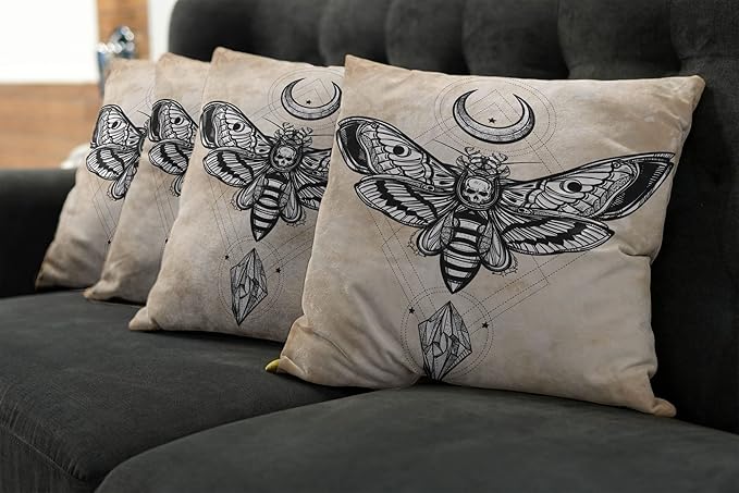 Ambesonne Fantasy Throw Pillow Cushion Case Pack of 4, Dead Head Hawk Moth Luna and Stone Magic Skull Illustration, Modern Accent Double-Sided Digital Printing, 24", Black Beige