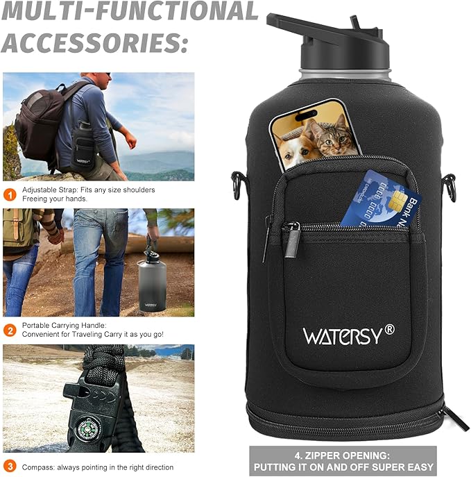 1 Gallon Water Bottle Insulated(Cold for 48 Hrs),BPA Free&Leak Proof,128oz Stainless Steel Water Jug,Large Water Bottle with Straw Spout Lids for Gym,Hiking,Camping&Travel,Grey Black