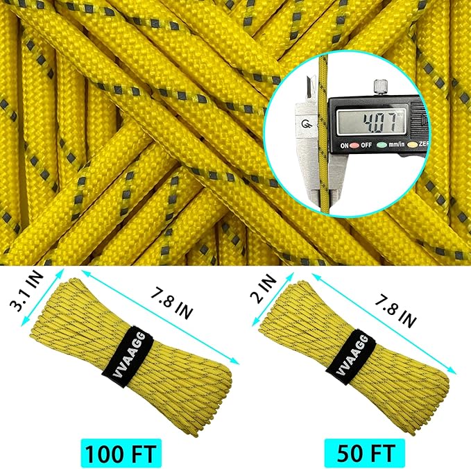 VVAAGG Reflective Paracord Rope 100FT, 7 Strand Nylon para Cord Lanyard Utility 550 Parachute Cord, 4mm Thin Tent Rope for Outdoor Camping Hiking