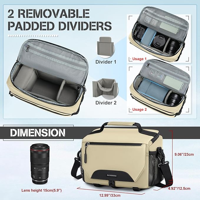 RAINSMORE Camera Bag, DSLR/SLR/Mirrorless Small Camera Sling Bag Waterproof Camera Case with Tripod Holder & Rain Cover Compact Crossbody Camera Bags for Photographers Everyday Shoulder Bags, Khaki