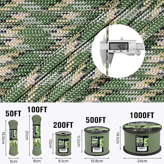 Paracord Rope 550 lb - 500ft 5/32" Parachute Cord 4MM 7-Strand para Cord - Heavy Duty Spool String for Survival,Camping Gear, Survival Bracelet, Clothesline - Camo Green