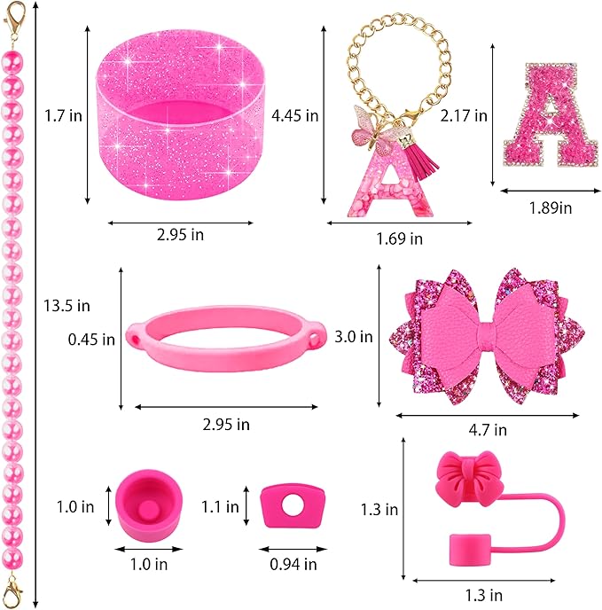 9PCS Hot Pink for Stanley Cup Accessories Set Bling Initials Bow Charms for Stanley Decorations 30/40 Oz Tumbler Accessories Including Bow Straw Topper, Handle Strap, Spill Stopper（Letter A）