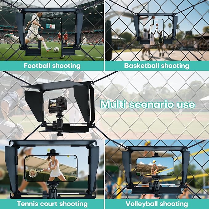 Baseball Fence Phone Mount with 3-Sided Anti-Glare Sunshade, Capture Clear Game Footage in Bright Sunlight, Fits iPhone, GoPro, Mevo Start & Action Cameras, Durable Metal Clip (Black)