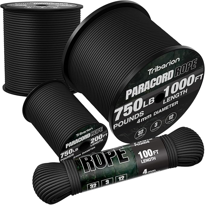 Paracord Rope 750 lb - 50ft 5/32" Parachute Cord 4MM 12-Strand para Cord - Heavy Duty Spool String for Survival,Camping Gear, Survival Bracelet, Clothesline - Black