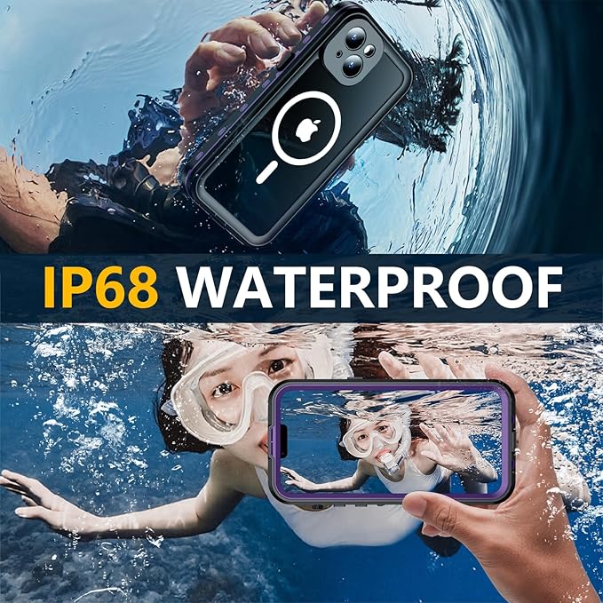 Red2Fire for iPhone 14 Case Waterproof, [Built-in Screen Protector & Camera Protector][Compatible with MagSafe][Full Body Shockproof][IP68 Waterproof][Dustproof] Phone Case 6.1" Purple/Clear