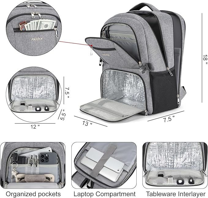 Insulated Lunch Backpack Fit 17" Laptop, Work Backpack with Lunch Box & USB Charging Port for Men & Women, Water Resistant College Computer Bag for Travel, Business, Hiking (Gray)