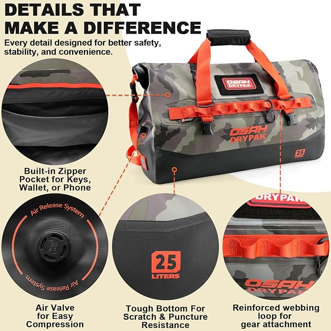 OSAH DRYPAK Waterproof Duffel Bag 25L/40L/60L – Heavy-Duty Motorcycle Tail Bag, Roll-Top Dry Bag for Travel, Camping, Boating, Kayaking, Outdoor Adventure