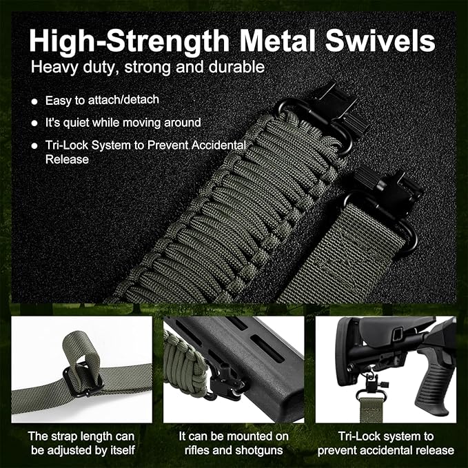 VVAAGG Two-Point Paracord Rifle Sling with Swivels, Non-Slip Gun Sling with Adjustable Length Strap