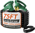 PlugSaf NEMA 14-50P/14-50R 75 FT 40 Amp RV/EV Extension Cord Outdoor with Grip Handle, 4 Prong Flexible Heavy Duty STW RV Power Cord Waterproof, 40A 125/250V 5000/10000W, Black-Green, ETL Listed