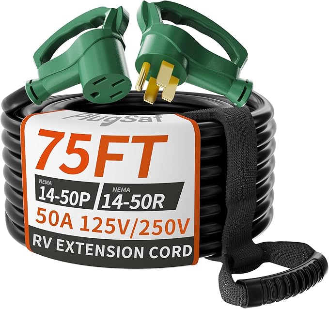 PlugSaf NEMA 14-50P/14-50R 75 FT 40 Amp RV/EV Extension Cord Outdoor with Grip Handle, 4 Prong Flexible Heavy Duty STW RV Power Cord Waterproof, 40A 125/250V 5000/10000W, Black-Green, ETL Listed