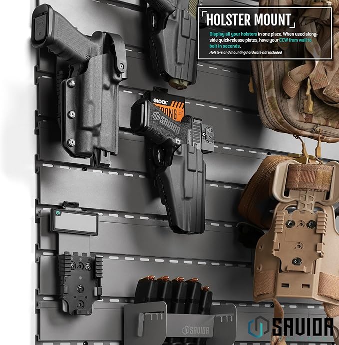Savior Equipment Wall Rack System Tactical Universal Pistol Holster Holder Storage Attachment Wall Mount Hanger, Heavy-Duty Steel Modular Firearms Gun Wall Gear Accessories Organizer