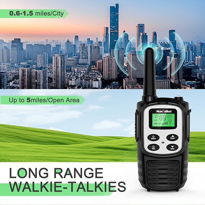 MaxTalker Walkie Talkies Long Range for Adult, MT10 Rechargeable Walkie Talkies FRS Two Way Radio, NOAA, 1200mAh Li-ion Battery USB-C Cable, LED Flashlight,VOX Walkie Talkie for Camping 2Pack (Silver)