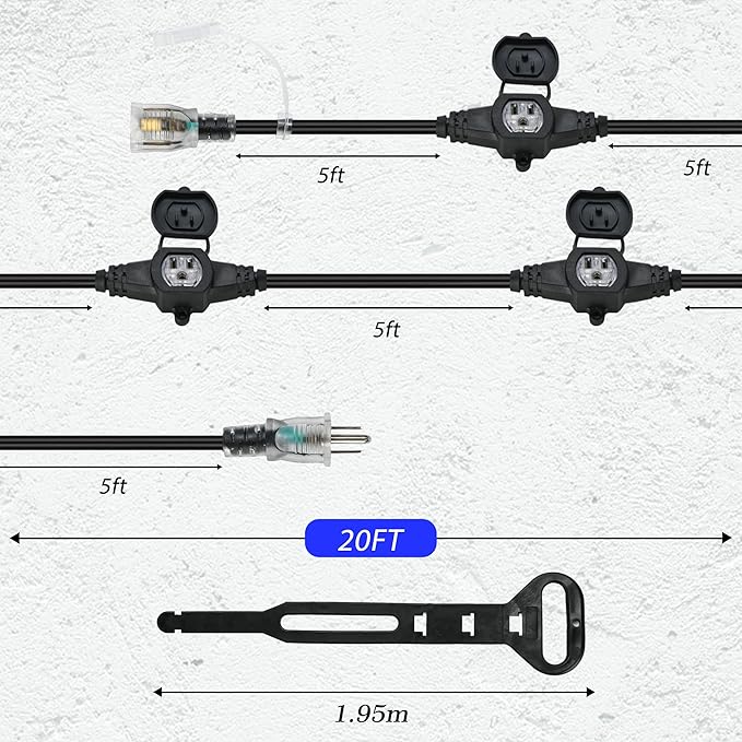 20FT 16 Gauge Multi-Outlet Outdoor Extension Cord, 4 Evenly Spaced Weatherproof Outlets, Great for Stage Backdrops, Landscape Garden Lighting, Christmas Decorations ETL