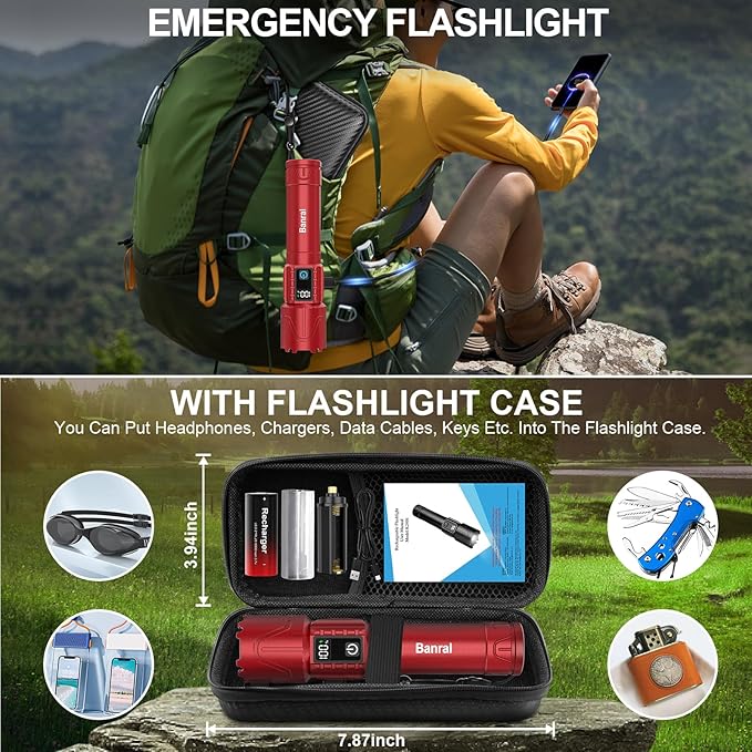 Rechargeable Tactical Flashlights 2000 High Lumens - 5000mAh Super Bright LED Powerful Flash Light, Waterproof Handheld USB C Flashlight for Home,Car,Camping,Emergencies,5 Modes,Zoomable (2, Red)