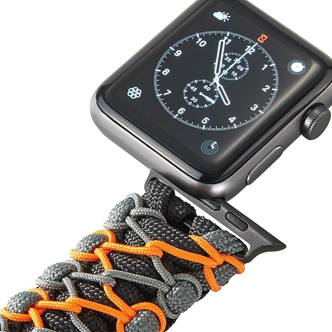 Savior Survival Gear Paracord Watch Band,Compatible with Apple Watch Band 49mm 46mm 45mm 44mm 42mm,iWatch Band Series Ultra 10 9 8 7 6 5 4 3 2 1 SE, Adjustable strap for men ( Black-Gray-Orange,Large)
