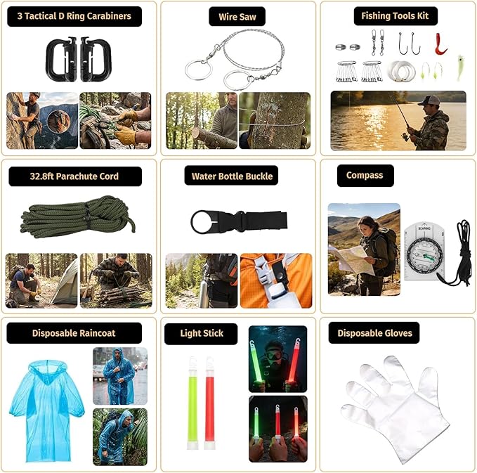 Survival Kit, 294 Pcs Survival Gear First Aid Kit with Molle System Compatible Bag and Emergency Tent, Emergency Kit for Earthquake, Outdoor Adventure, Hiking, Hunting, Gifts for Men Women