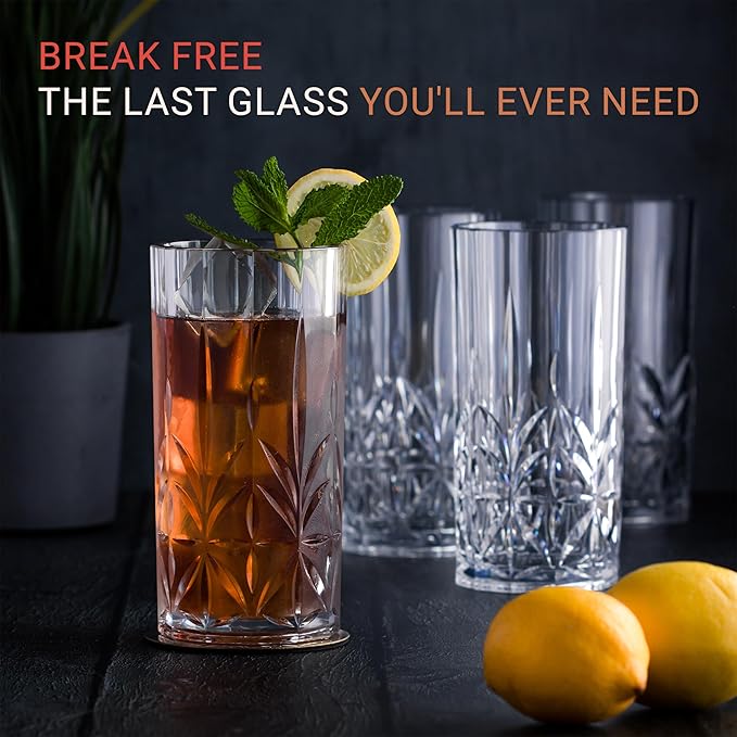 Bravario Unbreakable Plastic Drinking Water Tumblers, Dishwasher Safe 100% Tritan Glasses, BPA-Free Shatterproof Outdoor Highball Drinkware, 18 oz, Set of 4