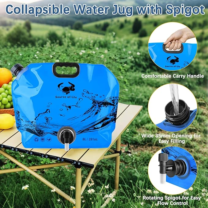 Water Jug Camping 2.1 Gallon Collapsible with Spigot, BPA Free Portable Water Pouch Foldable Water Bags for Outdoor Hiking, Travel and Emergency & Water Storage Containers (Blue-1Pcs)