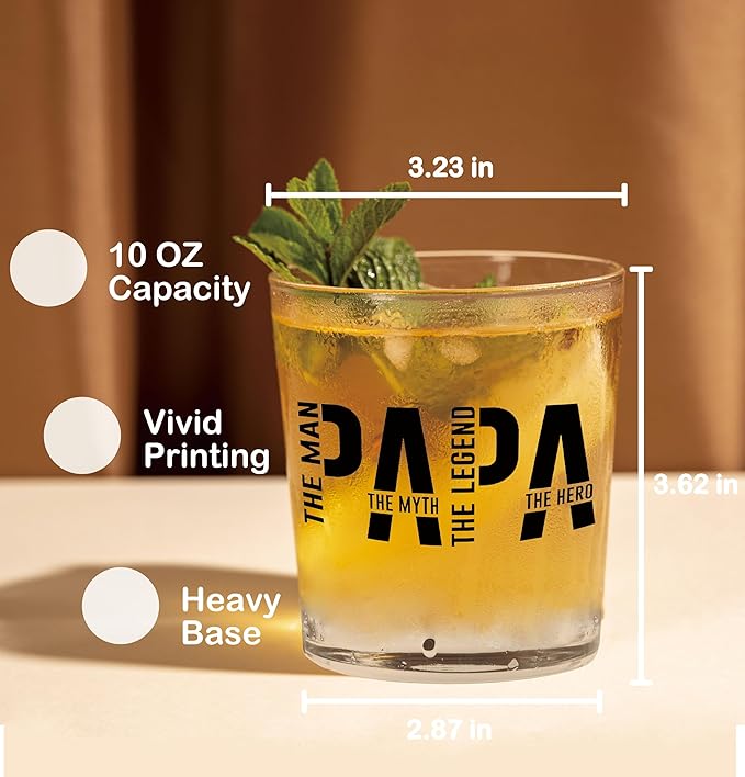Nogrit Papa Gifts Whiskey Glasses 10 oz, Papa Dad Gifts for Father's Day Birthday from Sons Daughters, Father Old Fashioned Rocks Glasses for Men Drinking Cocktail Scotch Vodka Tequila Rum