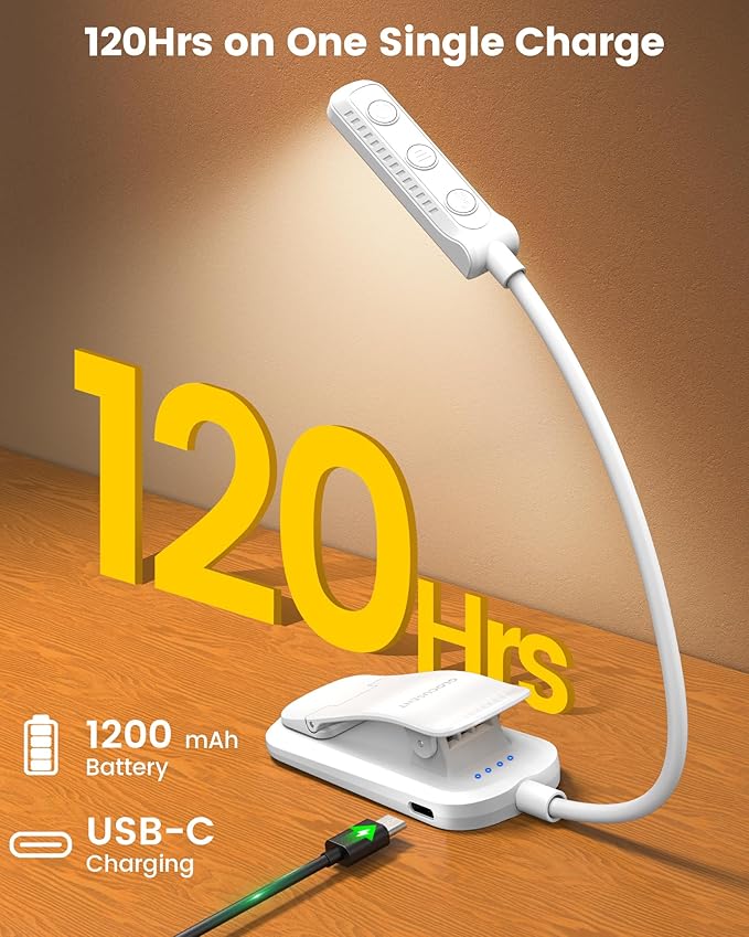 Glocusent 13 LEDs Book Lights for Reading at Night, 120 Hrs Runtime Rechargeable Reading Light, Eye Caring 3 Colors & 5 Stepless Dimming Brightness 3–60LM, Flexible Clip on Light for Book Lovers Kids