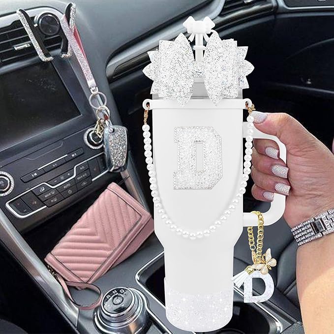 9PCS White for Stanley Cup Accessories Set Bling Initials Bow Charms for Stanley Decorations 30/40 Oz Tumbler Accessories Including Bow Straw Topper, Handle Strap, Spill Stopper（Letter D）