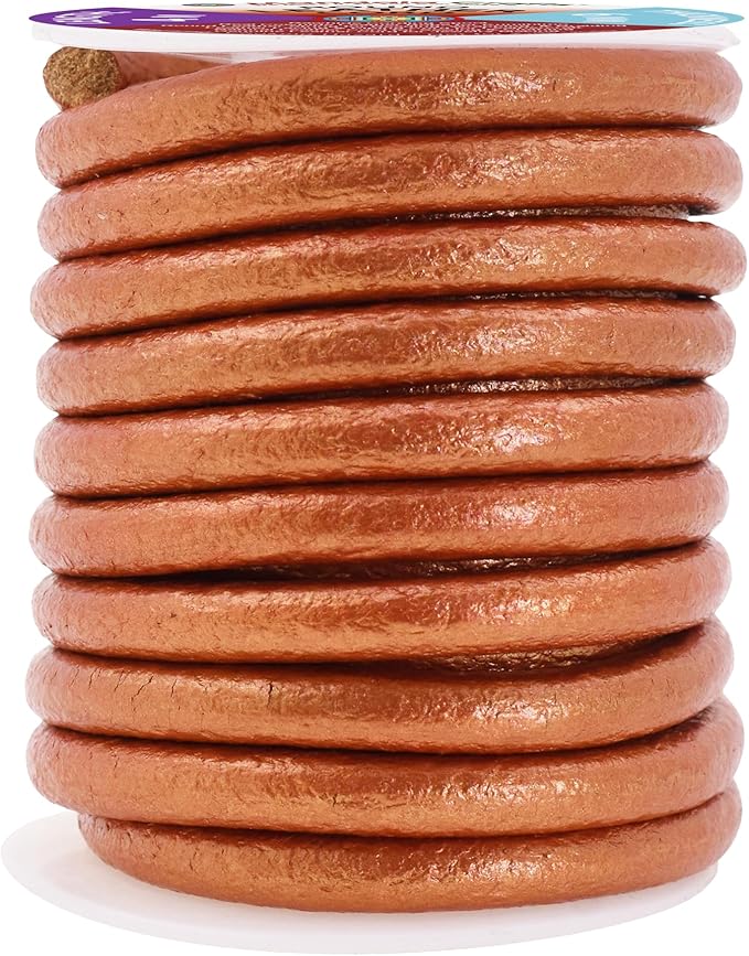 Mandala Crafts Round Genuine Copper Leather Cord for Jewelry Making – 6mm Cowhide Leather Rope String Lace for Kumihimo – 4.4 Yards Cowhide Craft Cording Spool