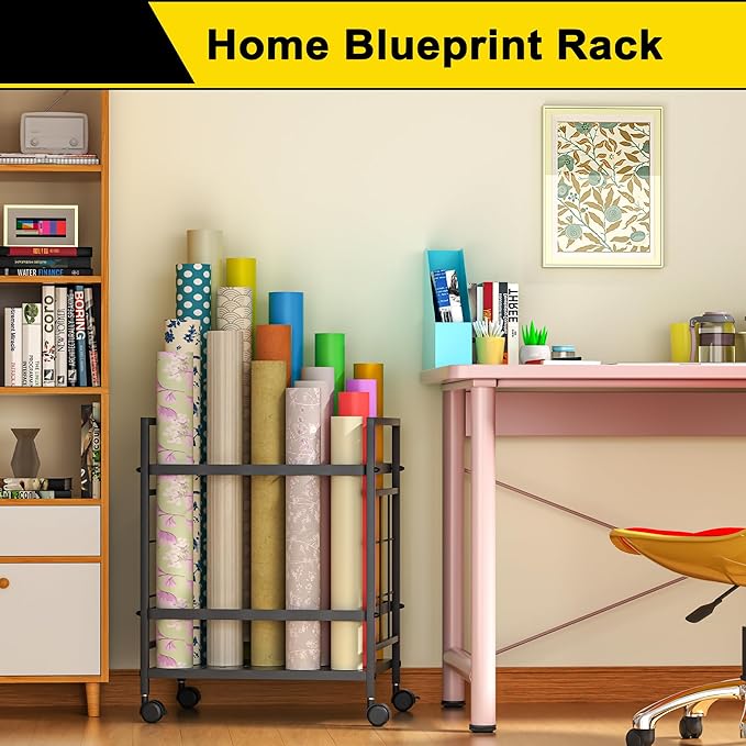 Blueprint Storage Rack, Blueprint Holder with Wheels, Used for Storing Blueprint/Carpet/Map/Poster/Architectural Construction Plan, 20 Slots(3.2" x 3.2"), Silent Wheel for Home, Office, School(Black)
