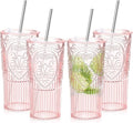 4 Set 20oz Vintage Plastic Tumbler with Lids and Straws Ribbed Floral Drinking Glasses Reusable Iced Coffee Cups for Water Juice Smoothie Cocktail Travel Party Events Gift (Pink)