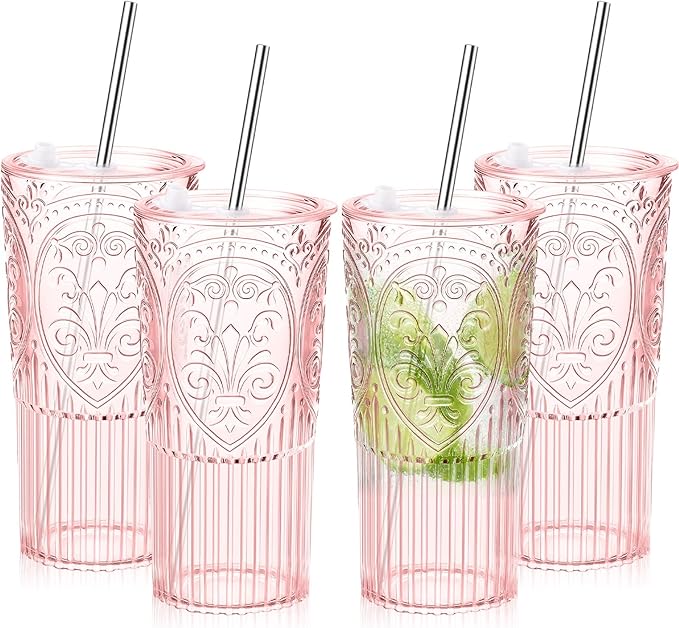 4 Set 20oz Vintage Plastic Tumbler with Lids and Straws Ribbed Floral Drinking Glasses Reusable Iced Coffee Cups for Water Juice Smoothie Cocktail Travel Party Events Gift (Pink)