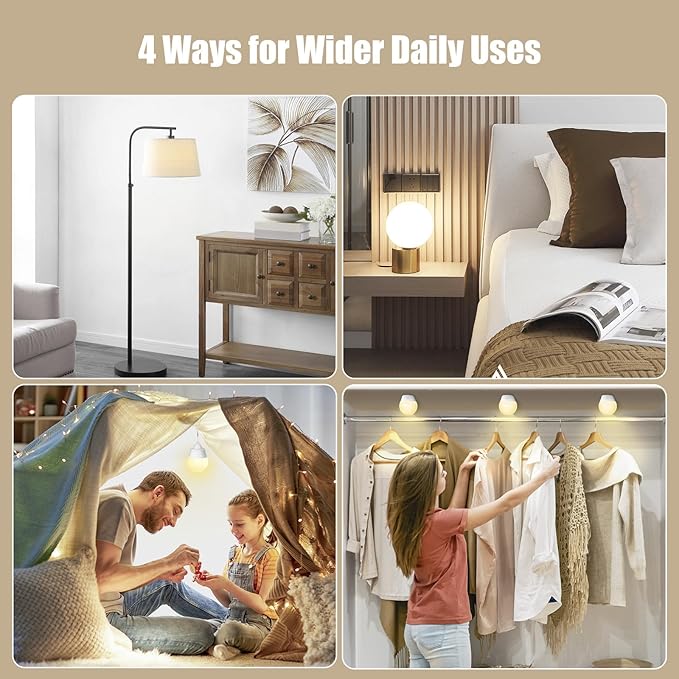 Rechargeable Light Bulb with Remote and Timer for Sconce and Lamp, Battery Backup Night Light, E26 Detachable Charging, Magnetic Base, 3 Lighting Colors, Dimmer, 7W, Lanyard Included, 4 Pack