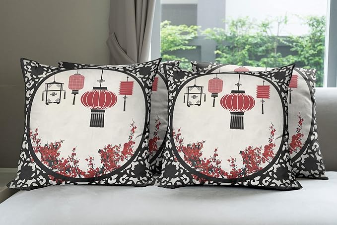 Ambesonne Lantern Throw Pillow Cushion Case Pack of 4, Lanterns with Japanese Sakura Cherry Blossom Trees Round Ornate Graphic, Modern Accent Double-Sided Digital Printing, 18", Red Beige