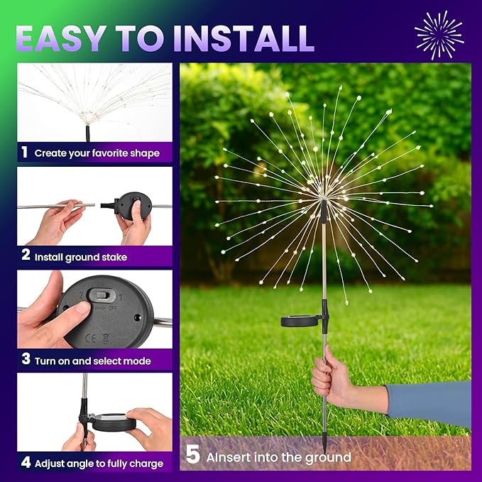 PEVOROS Garden Decor Solar Lights Outdoor,4 Pack 120LED Waterproof Colorful Solar Garden Lights Your Outdoor Decoration,Yard, Patio, Porch,Flower Pot,Pathway, for 4th of July (Purple, Green, Yellow)