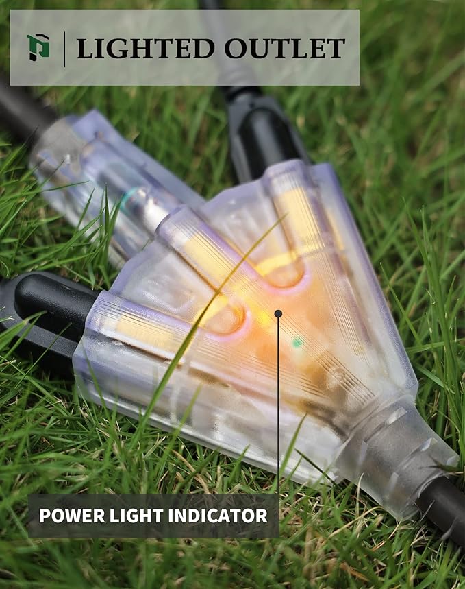 6Ft 12/3 Outdoor Extension Cord with 3-Outlets, Heavy Duty 12 Gauge 3 Prong Extension Cord Waterproof with Lighted end, 15A 12AWG 1875W SJTW, ETL Listed - Great for Garage, Garden and Home, Black