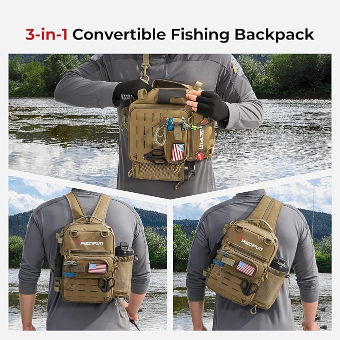 Piscifun Fishing Tackle Backpack, Convertible Sling or Waist Pack, 16-Pocket Storage Gear Bag with 2 Rod Holders & Rain Cover