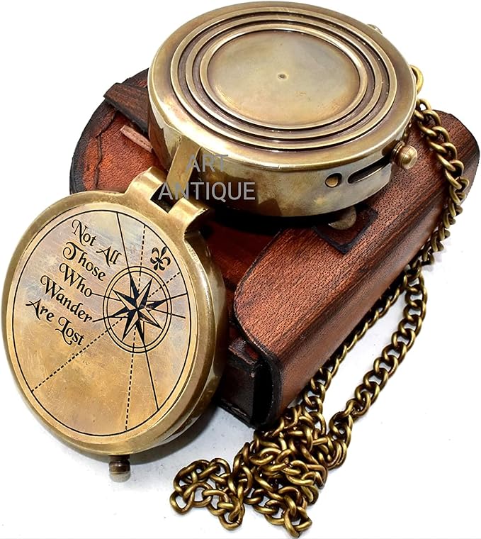 Vintage Brass Compass with Leather Case – Engraved “Not All Those Who Wander are Lost” – Antique Pocket Navigation Compass Gift for Travel Lovers, Hiking, Graduation, Birthday, Christmas