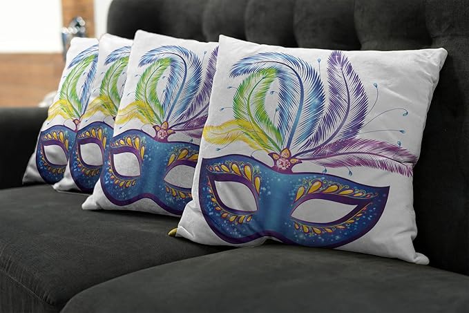 Ambesonne Mardi Gras Throw Pillow Cushion Case Pack of 4, Blue Ornate Venetian Festival with Feathers Masquerade Parade Preparations, Modern Accent Double-Sided Digital Printing, 18", Blue