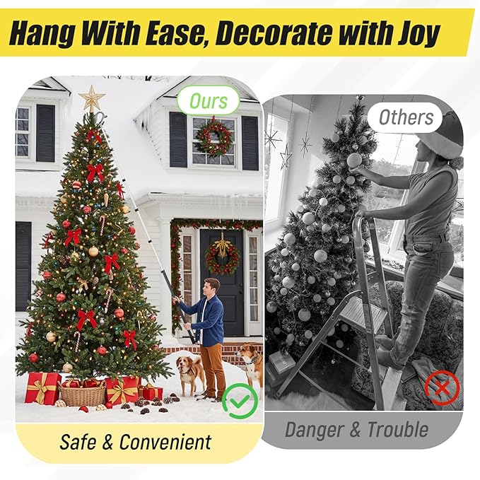 7-36 ft Telescopic Extension Pole with Utility Hook, Multi-Purpose Aluminum Pole for Painting, Dusting and New Year Window Cleaning Christmas Lights Installation Without a Ladder (Black)
